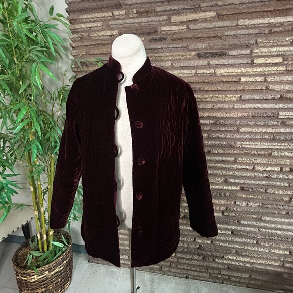 Vintage 90s Burgundy Plum Quilted Velvet Asian Jacket Size XL - Picture 3 of 7